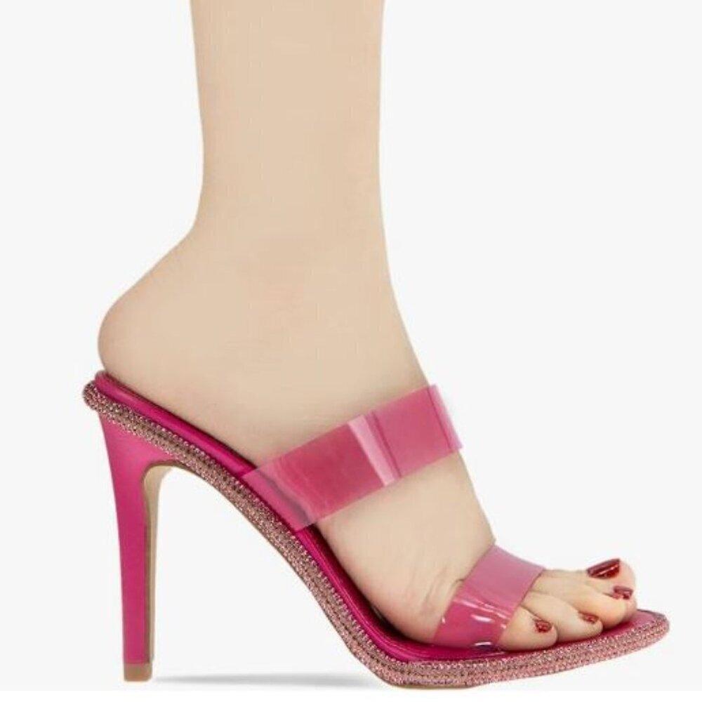 NEW BCBGeneration Pink Sandal Slides Clear Vinyl Straps Glitter Edge Size 6